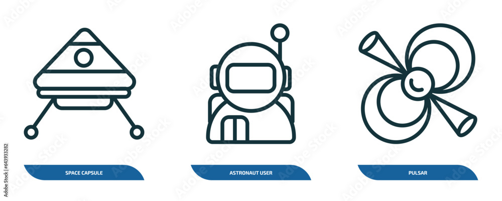 Poster set of 3 linear icons from astronomy concept. outline icons such as space capsule, astronaut user, p