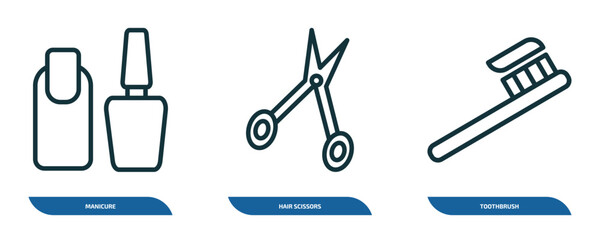 set of 3 linear icons from beauty concept. outline icons such as manicure, hair scissors, toothbrush vector