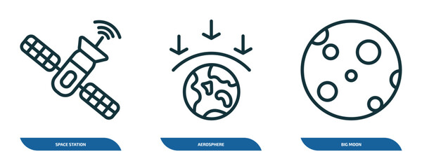 set of 3 linear icons from astronomy concept. outline icons such as space station, aerosphere, big moon vector