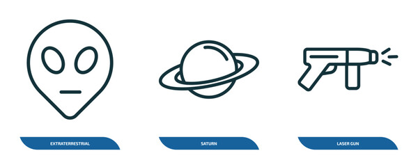set of 3 linear icons from astronomy concept. outline icons such as extraterrestrial, saturn, laser gun vector