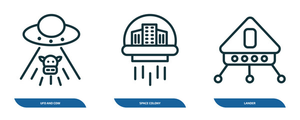 set of 3 linear icons from astronomy concept. outline icons such as ufo and cow, space colony, lander vector © Farahim