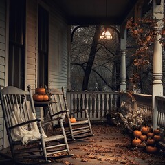 On a dark autumn night, the porch of a cozy home is illuminated with warm lighting, revealing a set of rocking chairs adorned with pumpkins, creating a perfect halloween scene