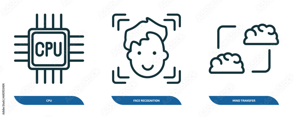 Poster set of 3 linear icons from artificial intellegence concept. outline icons such as cpu, face recognit