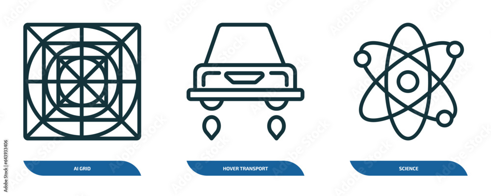 Poster set of 3 linear icons from artificial intellegence concept. outline icons such as ai grid, hover tra