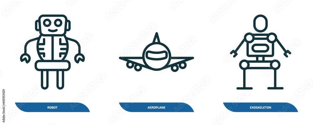 Poster set of 3 linear icons from artificial intellegence concept. outline icons such as robot, aeroplane, 