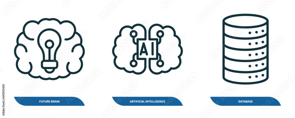 Poster set of 3 linear icons from artificial intellegence concept. outline icons such as future brain, arti