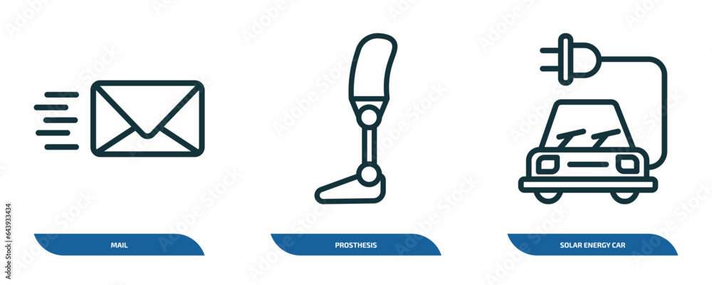 Poster set of 3 linear icons from artificial intellegence concept. outline icons such as mail, prosthesis, 