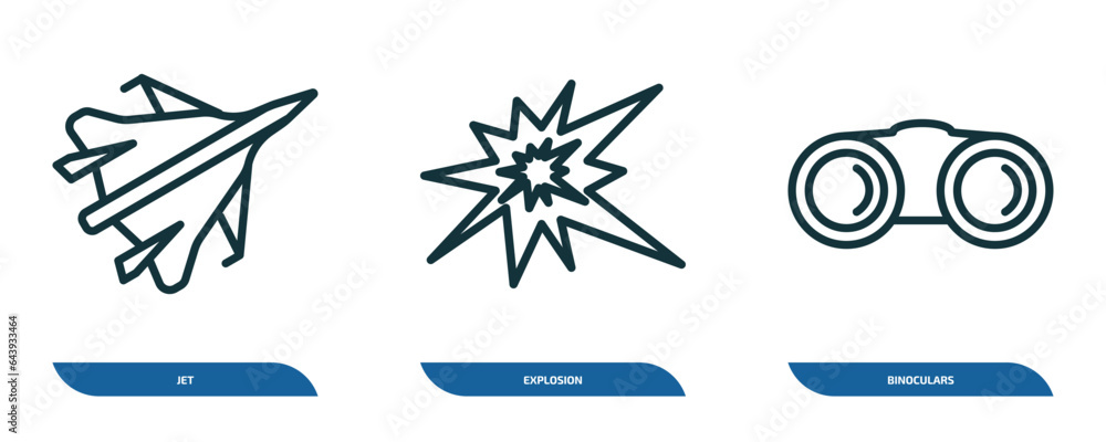 Poster set of 3 linear icons from army and war concept. outline icons such as jet, explosion, binoculars ve