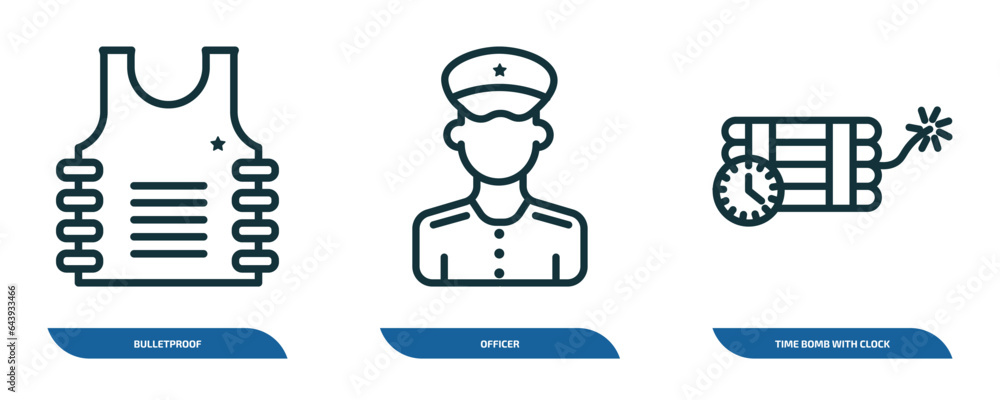 Poster set of 3 linear icons from army and war concept. outline icons such as bulletproof, officer, time bo