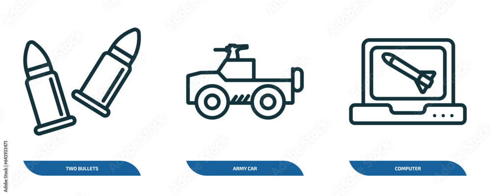 Poster set of 3 linear icons from army and war concept. outline icons such as two bullets, army car, comput
