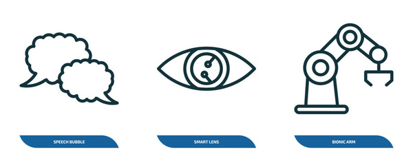 set of 3 linear icons from artificial intellegence concept. outline icons such as speech bubble, smart lens, bionic arm vector