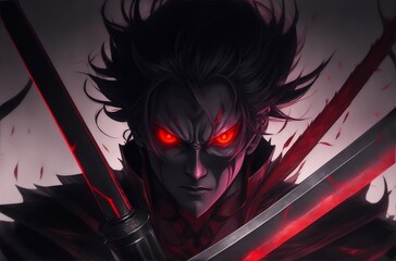 An anime villain with a menacingly dark aura, glowing red eyes, and a menacingly sharp blade in hand.Created with generative AI - obrazy, fototapety, plakaty