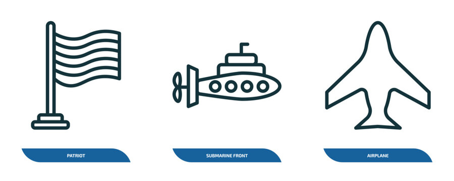 set of 3 linear icons from army and war concept. outline icons such as patriot, submarine front view, airplane vector
