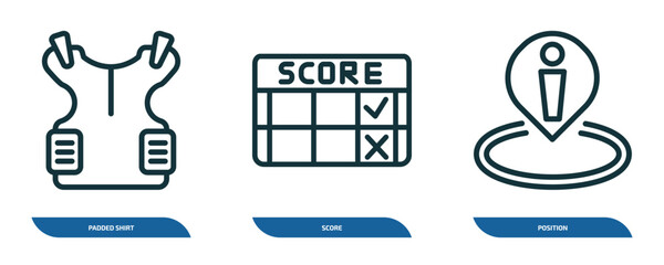 set of 3 linear icons from american football concept. outline icons such as padded shirt, score, position vector