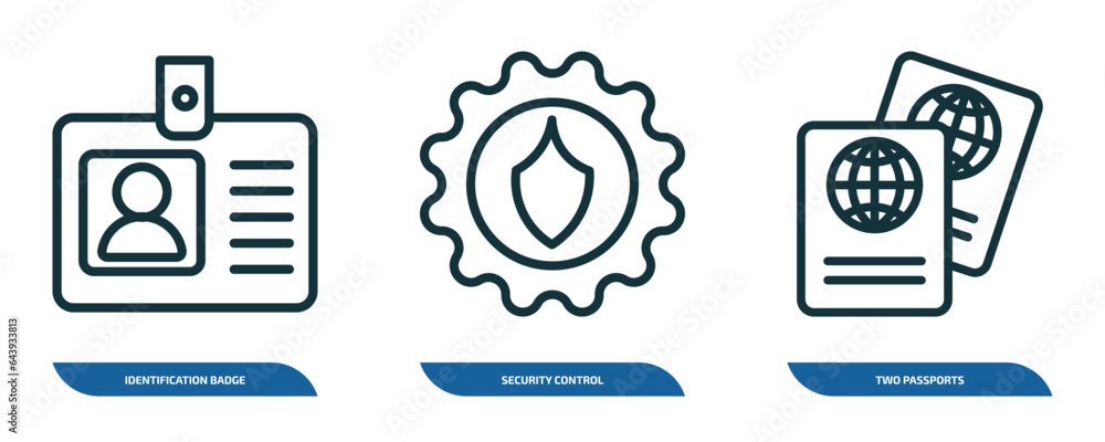 Poster set of 3 linear icons from airport terminal concept. outline icons such as identification badge, sec
