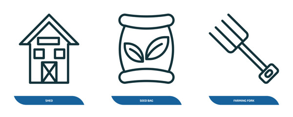 set of 3 linear icons from agriculture farming concept. outline icons such as shed, seed bag, farming fork vector
