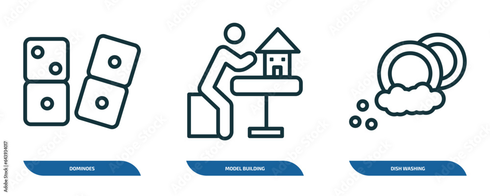 Poster set of 3 linear icons from activity and hobbies concept. outline icons such as dominoes, model build