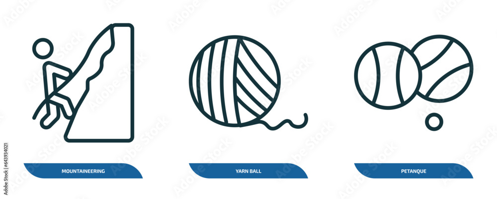 Poster set of 3 linear icons from activity and hobbies concept. outline icons such as mountaineering, yarn 