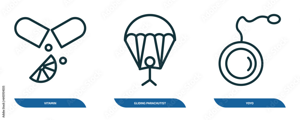 Poster set of 3 linear icons from activity and hobbies concept. outline icons such as vitamin, gliding para