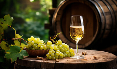 White Wine Glass with Grapes by Aged Wooden Barrel in Rustic Natural Setting
