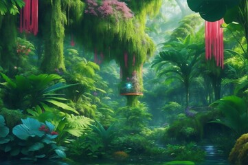 A lush, verdant paradise of bio-engineered ecosystems, with vibrant colors and intricate details.Created with generative AI - obrazy, fototapety, plakaty