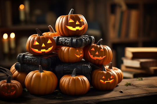 Pile of Small Halloween Pumpkins on a Wooden Table in Ancient House AI Generative