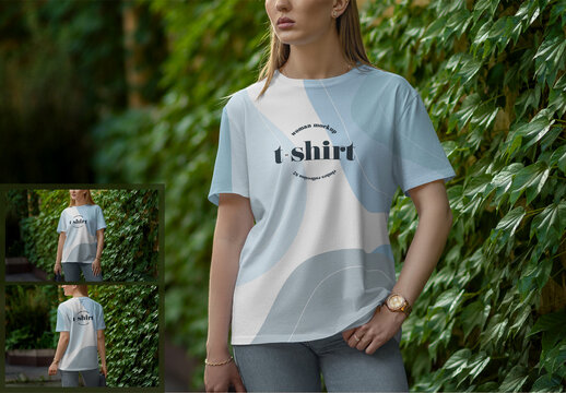 T-shirt Mockup on a Young Girl on a Green Leafy Background