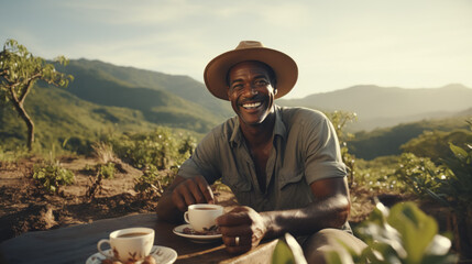 Portrait of an afro american farmer on coffee field drinking a cup of coffee. - Powered by Adobe