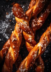 Pretzel sticks on a dark background, close up. Generative AI.