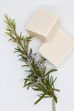 Pastillas de jab&oacute;n natural artesano con esencia de romero, jab&oacute;n solido y natural aislado en fondo blanco