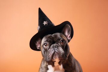 Black French Bulldog with Halloween witch hat on orange background
