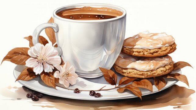 WATERCOLOR LATTE COFFEE CUP WITH BISCUITS.