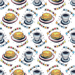 Pancakes and Coffee cup. Seamless pattern on a white background. Cute vector illustration.