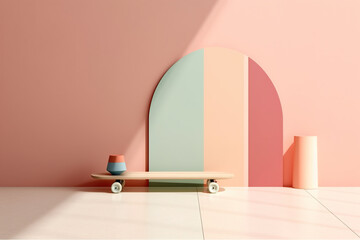 Minimalist room interior with skateboard. Minimalist concept.