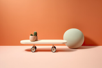 Minimal scene with wooden skateboard and cactus