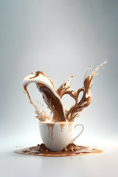 Splash of milk and coffee in a coffee cup on a white background. Bright minimal 3D design. Creative vertical copy space.