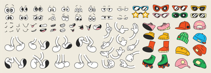 Set of 70s groovy comic vector. Collection of cartoon character faces in different emotions, hand, glove, glasses, hat, shoes. Cute retro groovy hippie illustration for decorative, sticker. - obrazy, fototapety, plakaty
