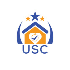 USC House logo Letter logo and star icon. Blue vector image on white background. KJG house Monogram home logo picture design and best business icon. 
