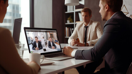 Obraz premium the head of the enterprise, together with his subordinates, the locomotive, conducts a video conference with his business clients. Generative Ai