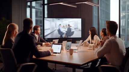 a group of business people in the office having a video conference with their business clients. Generative Ai 