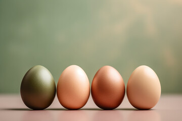 Easter eggs on a wooden table with green background. Easter concept.