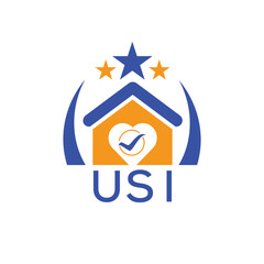 USI House logo Letter logo and star icon. Blue vector image on white background. KJG house Monogram home logo picture design and best business icon. 
