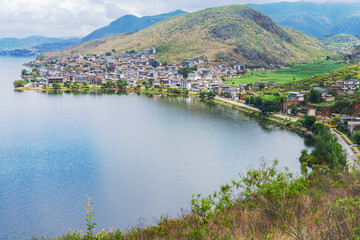 Fototapeta premium Natural beauty of Erhai Lake and villages and mountains in Yunnan Province, China 