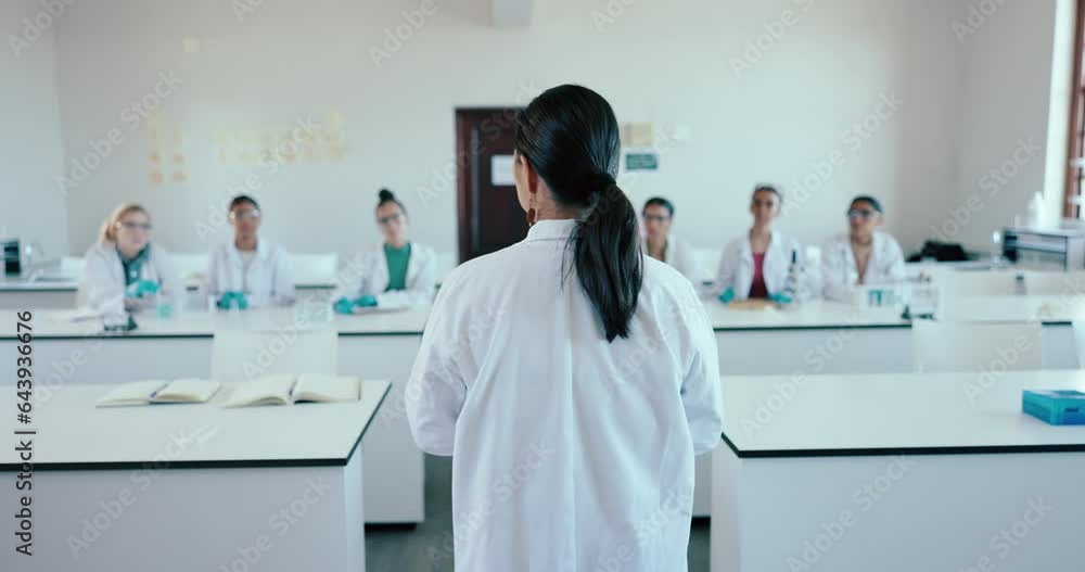 Aufkleber classroom, professor and students with science, university and teaching with chemistry, lesson and c