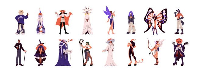 People wearing Halloween costumes set. Persons dressed in vampire, fairy, devil, pumpkin clothes on masquerade. Man and woman do cosplay. Helloween carnival. Flat isolated vector illustration on white