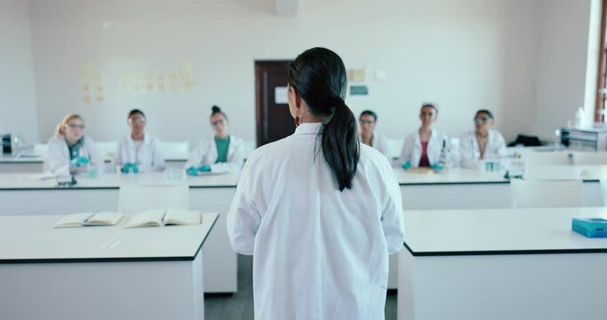 Classroom, professor and students with science, university and teaching with chemistry, lesson and college. Teacher, medical or group with education, learning and research with knowledge and studying