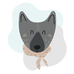 Hand drawn portrait of cute wolf in pastel colors in scandinavian style isolated on white background. Design element for baby clothes, cards, textiles, fabrics, wallpapers