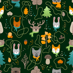Seamless pattern in Scandinavian style on a black background with cute wild animals. Design for wrapping paper, wallpaper, fabric, textile