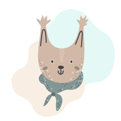 Hand drawn portrait of cute forest squirrel in scandinavian style in pastel colors isolated on white background. Design element for baby clothes, cards, textiles, fabrics, wallpapers