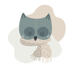 Hand drawn portrait of cute owl in scandinavian style in pastel colors isolated on white background. Design element for baby clothes, cards, textiles, fabrics, wallpapers